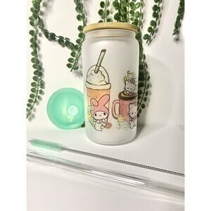 Kawaii Sublimated On Frosted Glass Cup 16oz Glass Tumbler/Beer Can & Free Lid
